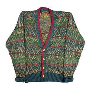Vintage Boston Trader Cardigan Sweater Mens Size M Green Red Gold‎ V-Neck